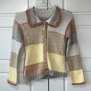 Handmade Girls Knit Cardigan Sweater Floral Buttons Pastel Earth Tones Large